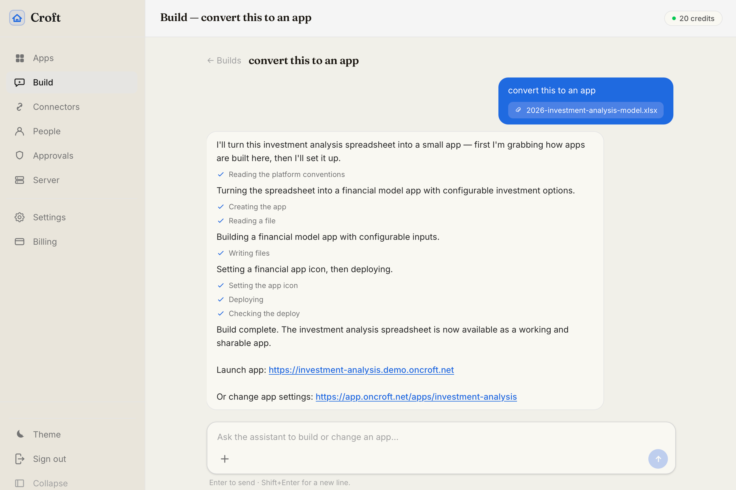 Croft Build - an AI chat inside Croft turning a spreadsheet into a working, shareable app, step by step, then handing over a live link.