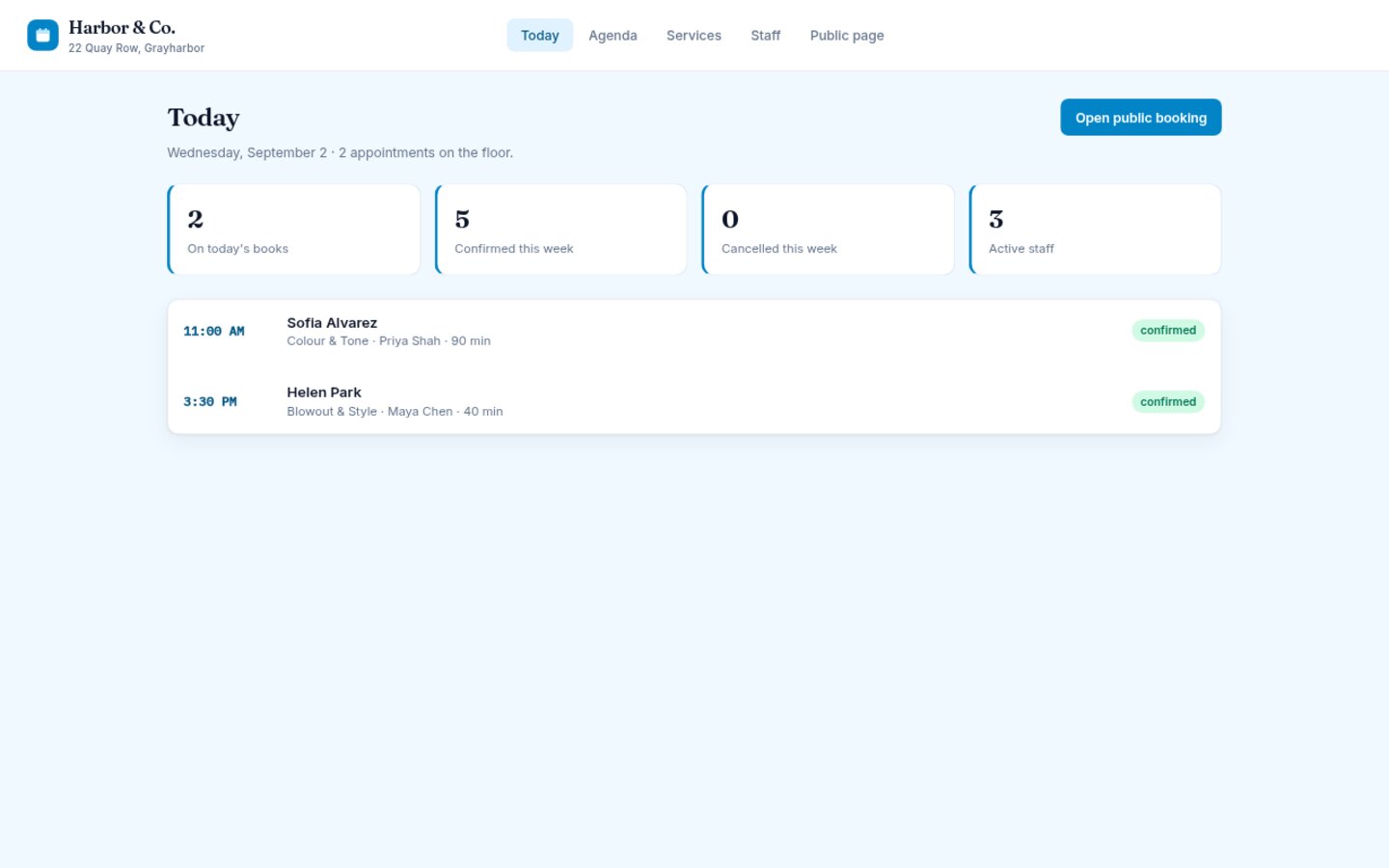 Booking built on Croft. Service appointments: a catalog, staff hours, public booking, then confirm, cancel, or reschedule.
