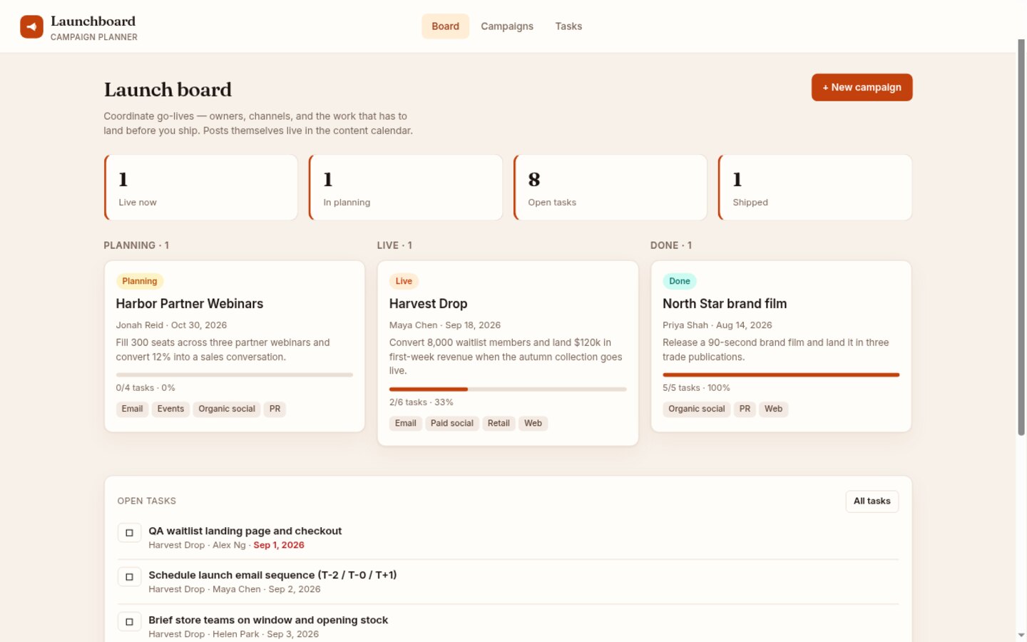 Campaign planner built on Croft. Launch campaigns with a goal, an owner, planning/live/done, channels, and tasks.