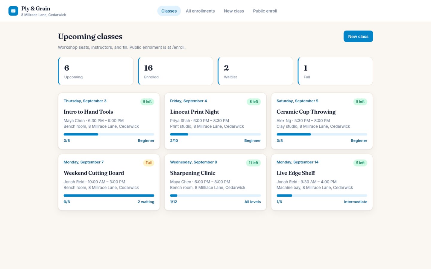 Class booking built on Croft. A class schedule with capacity, a waitlist, and a public enrol page.