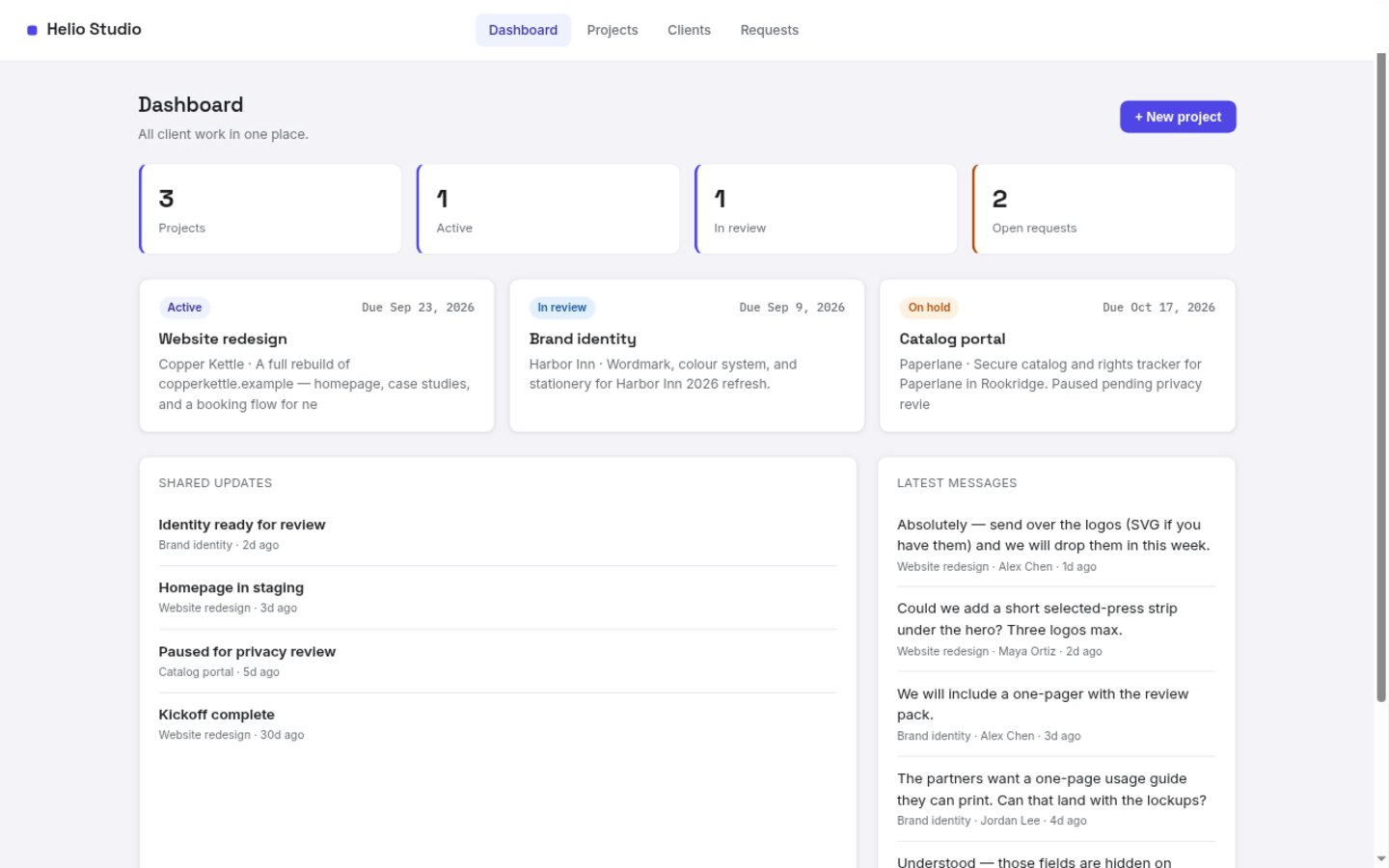 Client portal built on Croft. Clients see their projects, status, notes, and messages. Staff see everything.