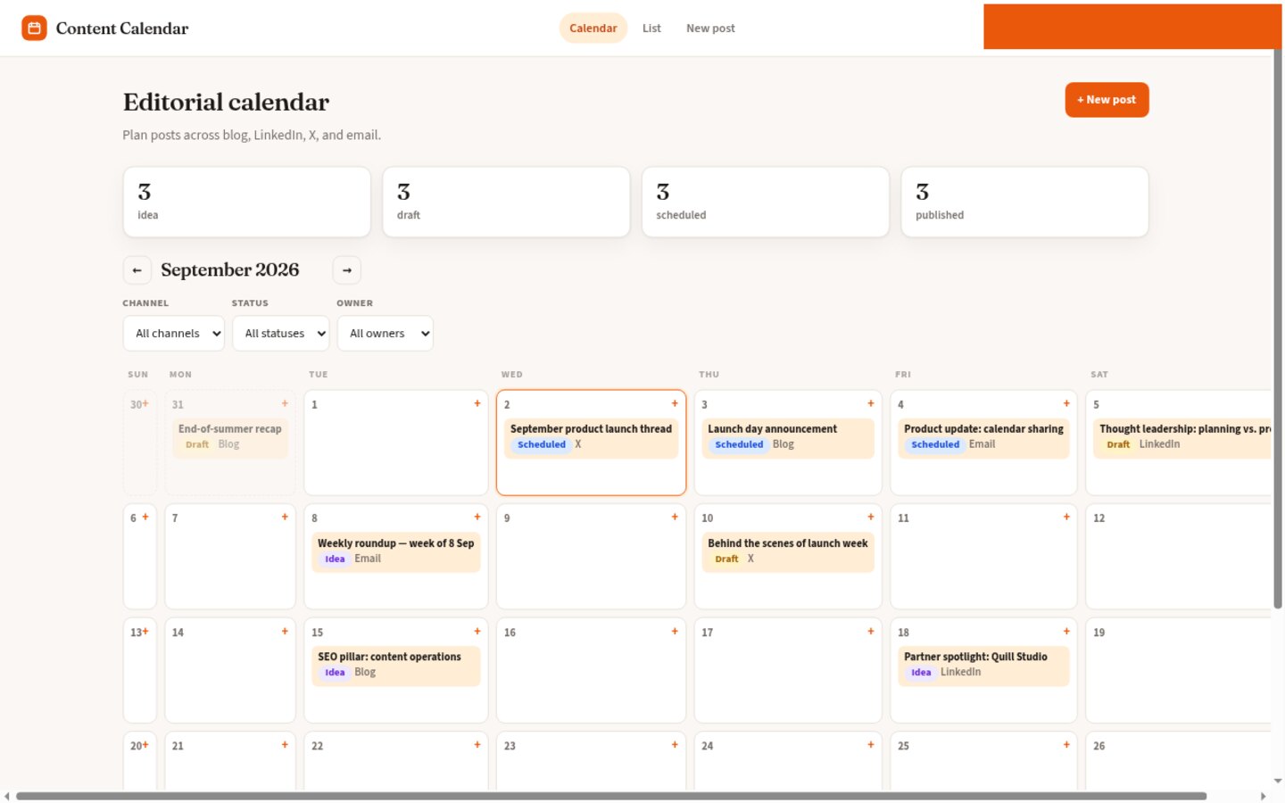 Content calendar built on Croft. Posts by channel and status, with month and list views and filters.