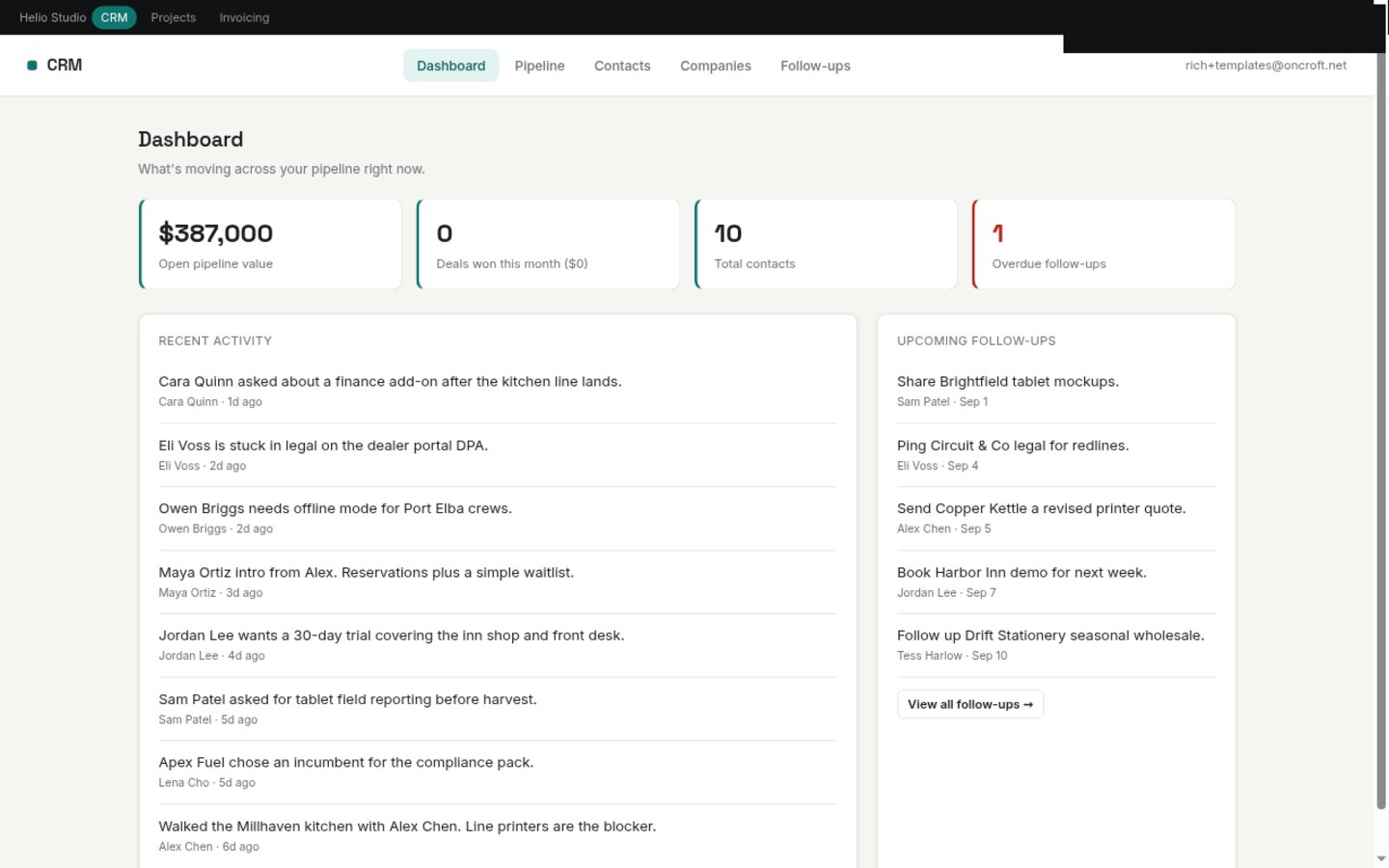 CRM built on Croft. Contacts, companies, a deal pipeline, an activity log, and follow-up tasks for a small services firm.