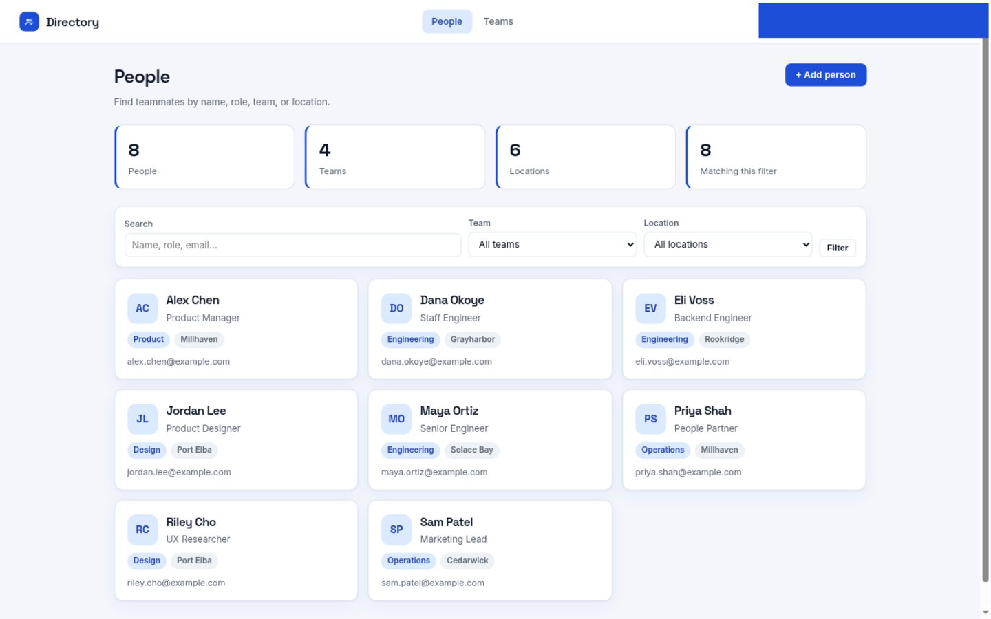 Directory built on Croft. An employee directory: role, team, email, location, start date, with search and filter.