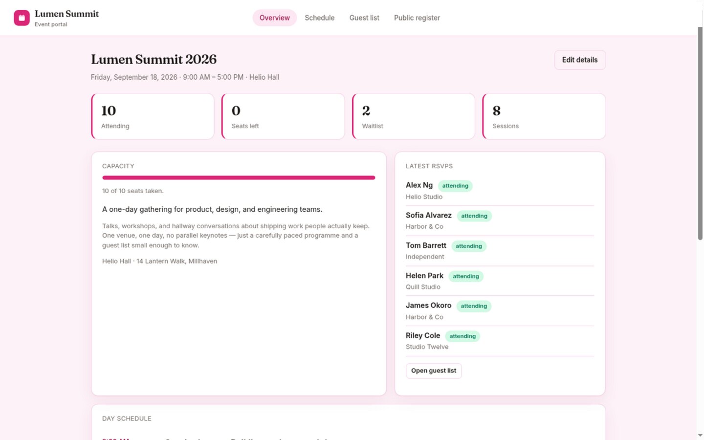 Event portal built on Croft. Event details, a session schedule, a guest list, plus public register and schedule pages.