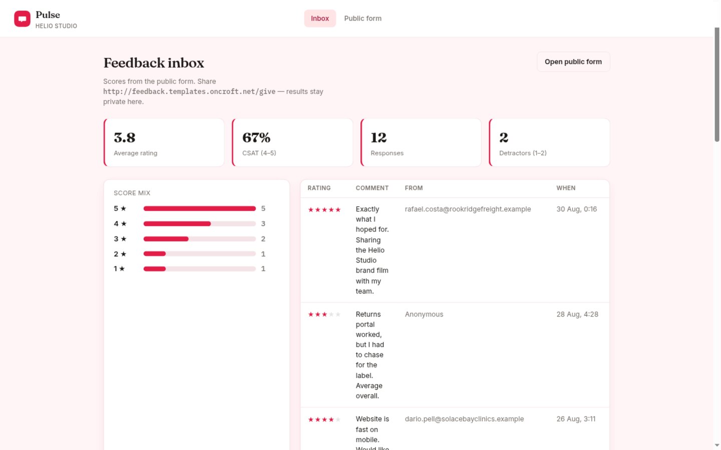 Feedback built on Croft. A public CSAT form (1 to 5 plus a comment) and a private averages dashboard.