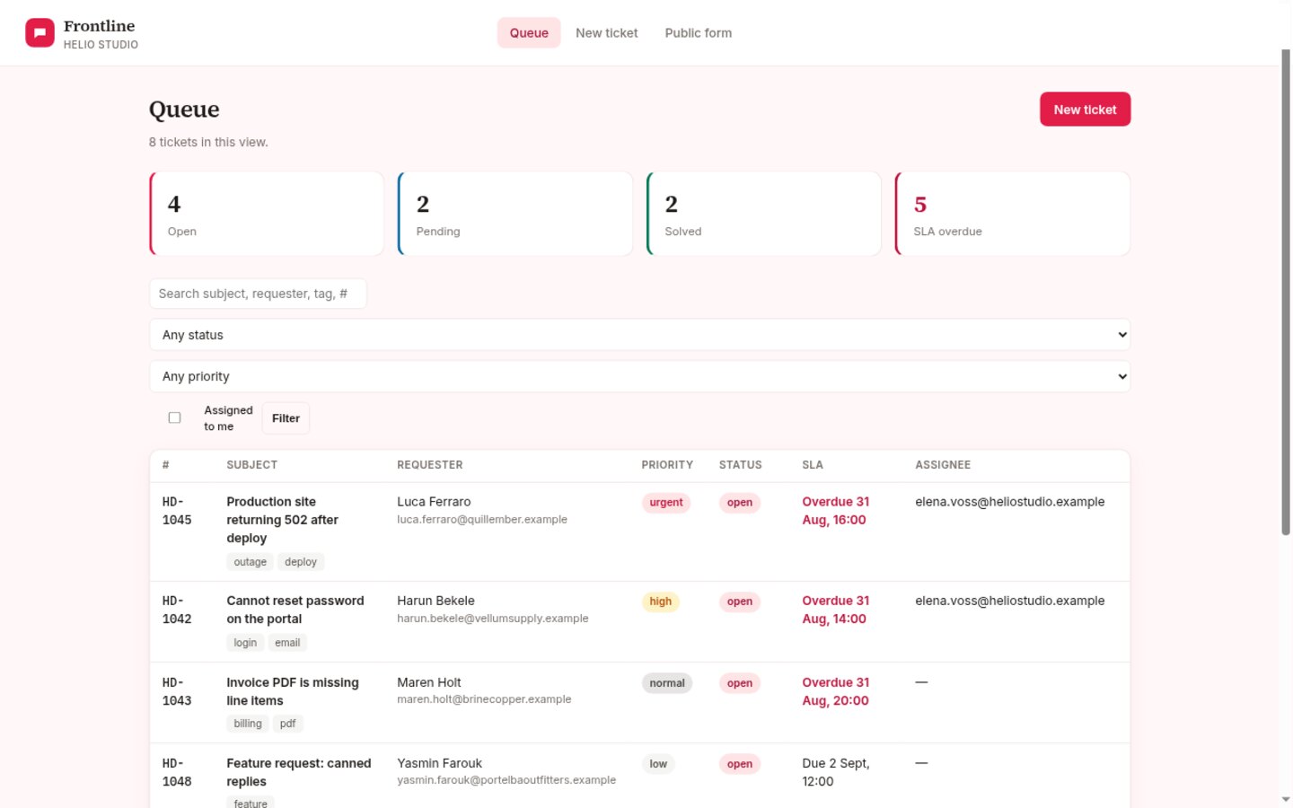 Helpdesk built on Croft. Tickets with a queue, status, priority, SLA, replies, and tags, plus a public submit form.