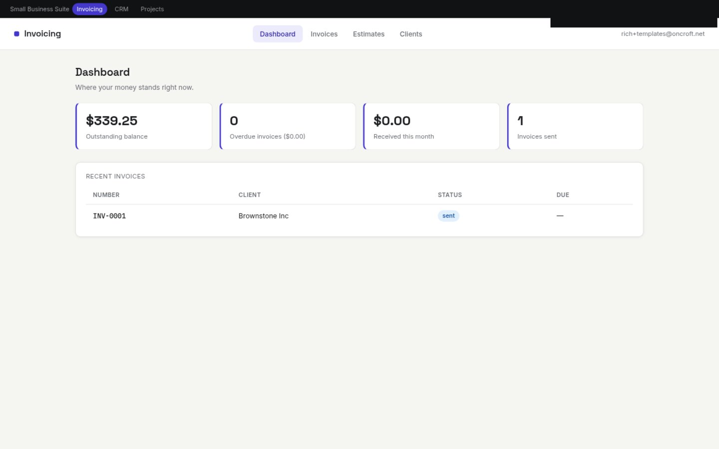 Invoicing built on Croft. Clients, estimates, invoices with line items, tax, and discount, plus payments and a print-ready view.