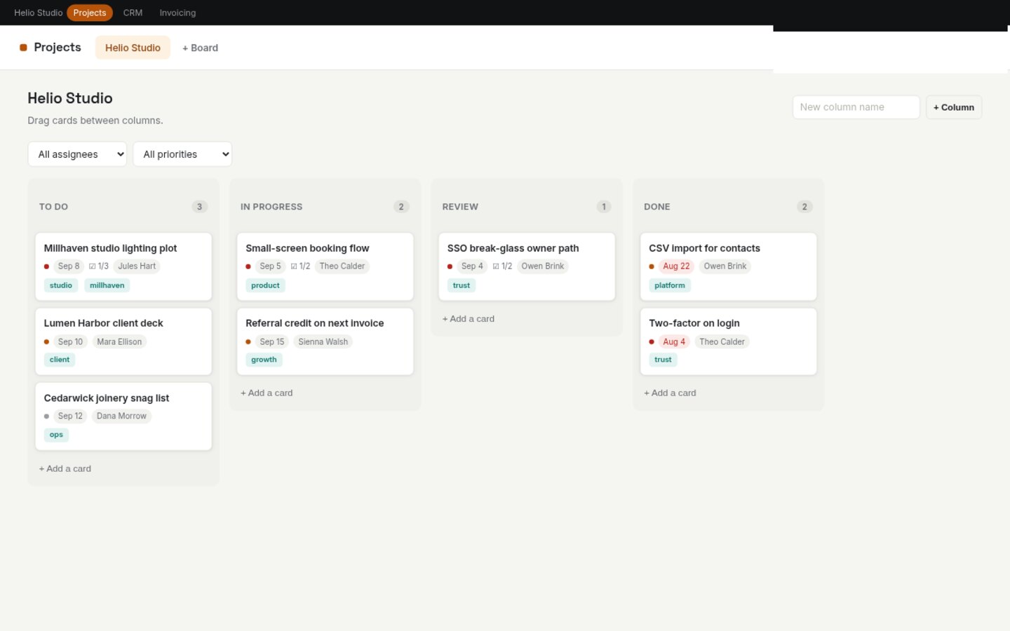 Kanban built on Croft. Project boards with columns, drag-and-drop cards, checklists, comments, filters, and free-text assignees.
