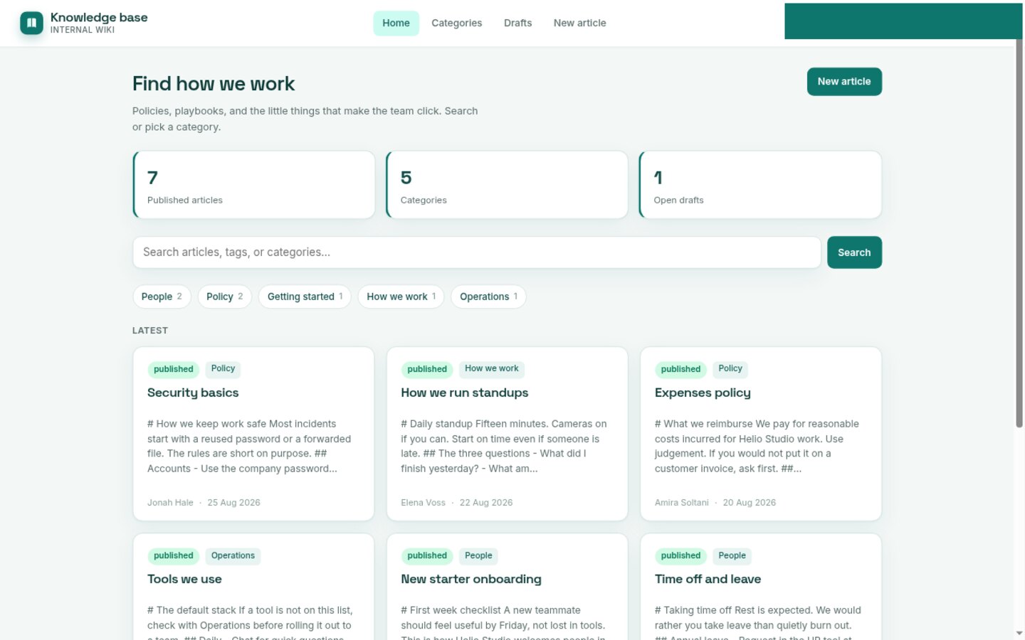 Knowledge base built on Croft. An internal wiki: articles, categories, tags, published or draft, and search.