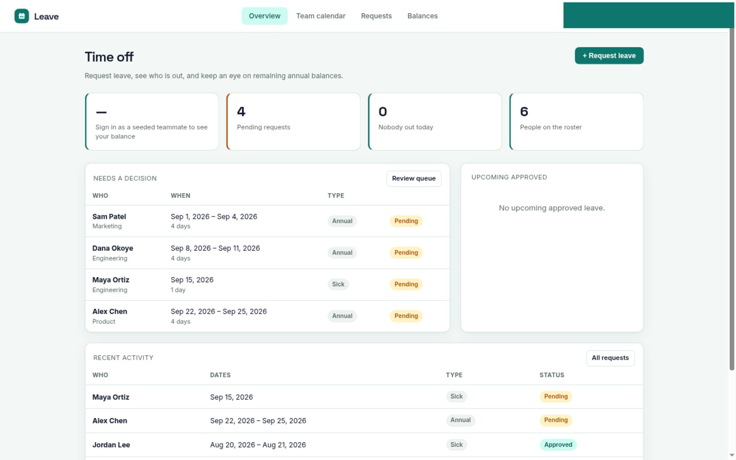Leave built on Croft. PTO requests with type and dates, pending/approved/denied, a team calendar, and remaining balances.