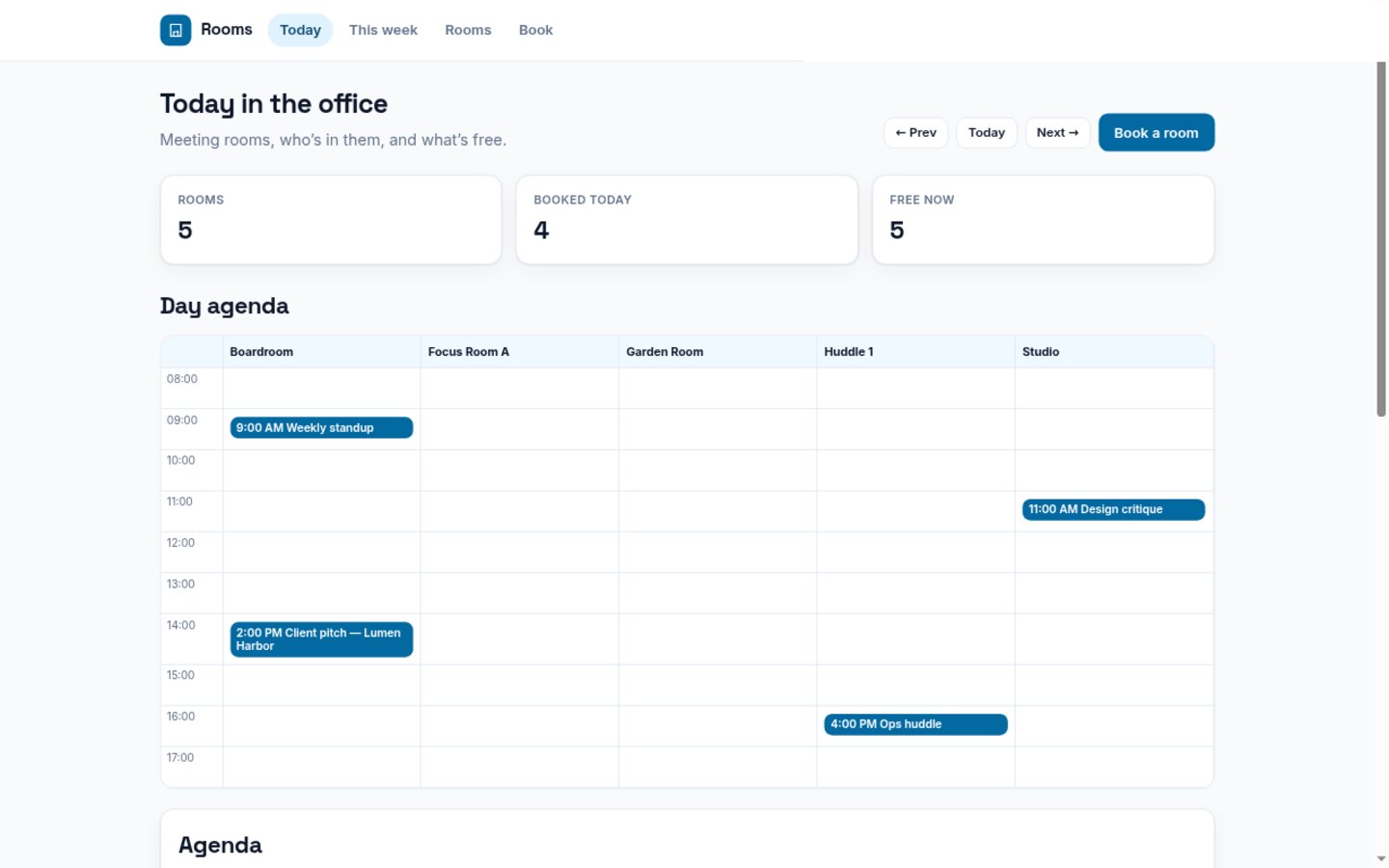 Room booking built on Croft. Internal meeting-room reservations with conflict detection and day and week agendas.