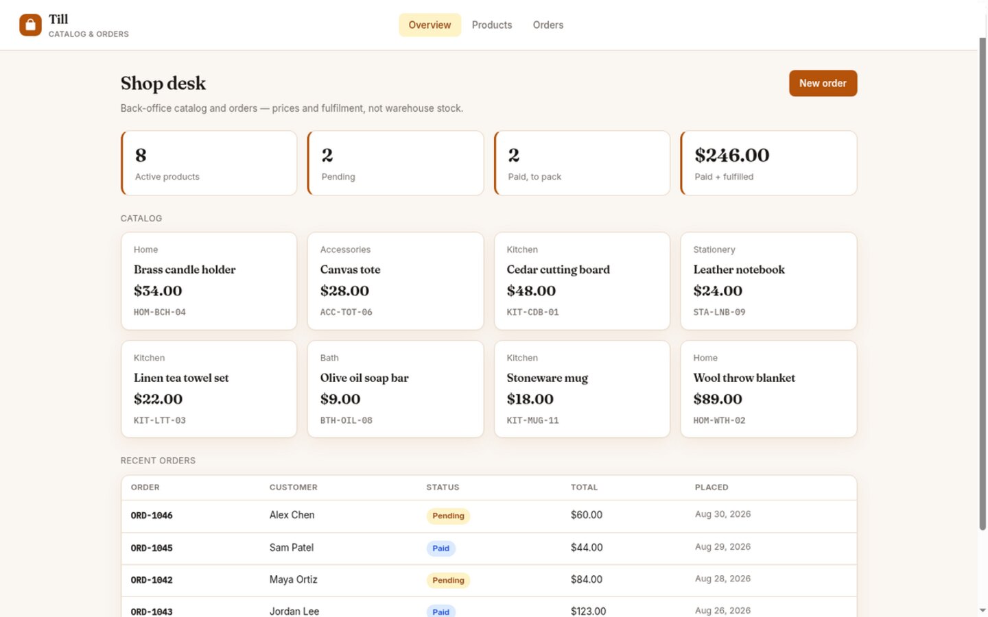 Store built on Croft. A back-office catalog and orders with products, line items, pending, paid, or fulfilled.