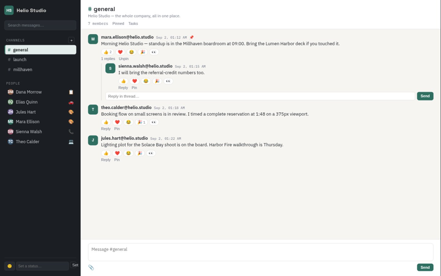 Team chat built on Croft. Internal chat with channels, DMs, threads, reactions, pins, file uploads, tasks, and search.