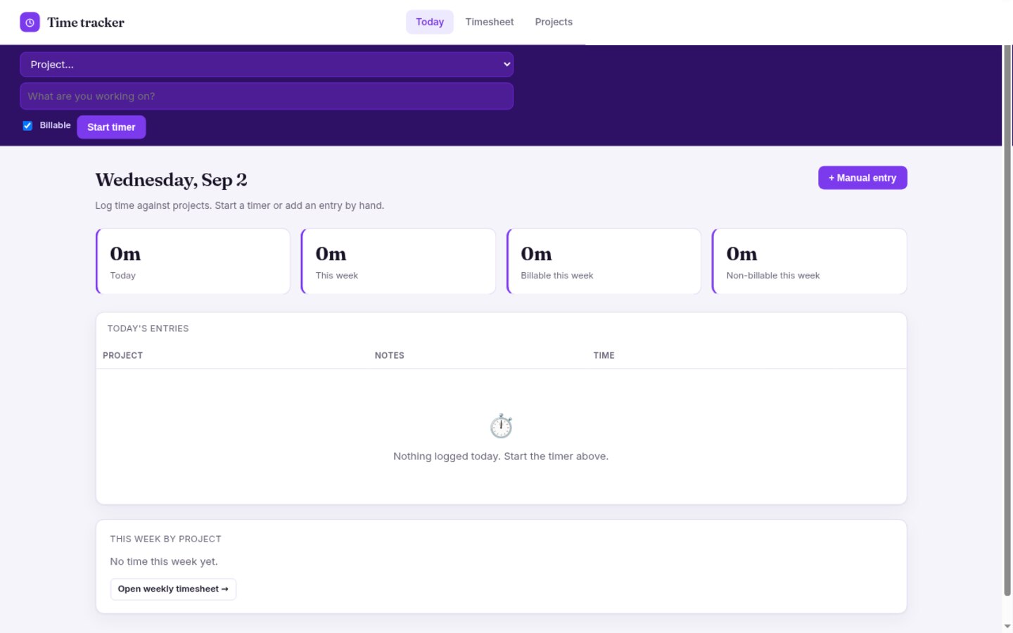 Time tracker built on Croft. Time against projects, a start/stop timer, a weekly timesheet, and billable vs non-billable.